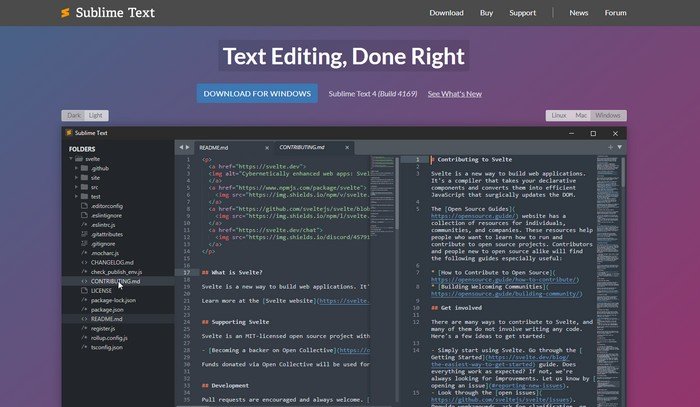 Sublime Text is a all-in-one text editor for markup, prose, and code. 