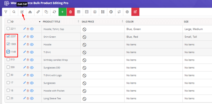 Select Products Select the products you want to edit by checking the boxes next to them.