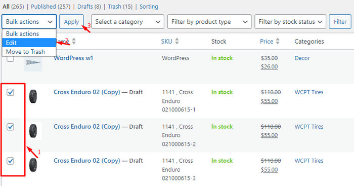 Choose Product and Edit Choose Edit, and then click the Apply button. This will open the bulk edit form where you can make changes to multiple products at once.