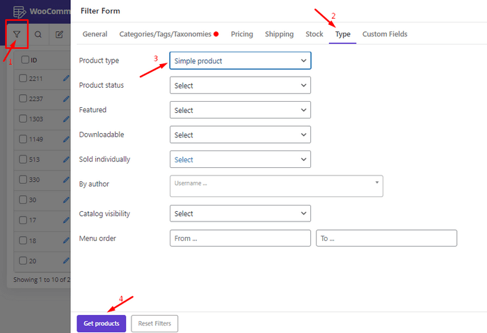 Click the Get Products button. Click the Get Products button to display all the simple products in your shop