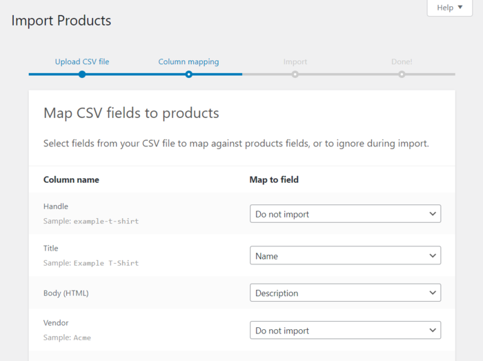Map CSV fields to products. Map CSV fields to products.