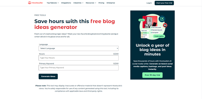 Hootsuite Blog Ideas Generator The Hootsuite Blog Ideas Generator is a convenient tool for content creators