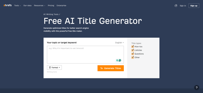Ahrefs Free AI Title Generator Ahrefs Free AI Title Generator is a simple and useful tool for creating great titles for your content.