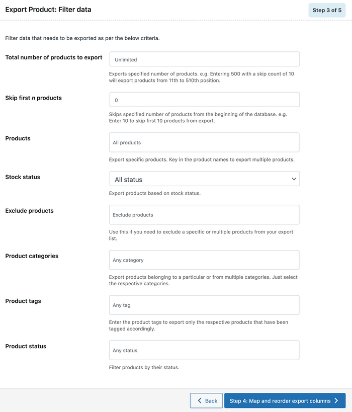 Filter Data Filter data to refine your export settings.