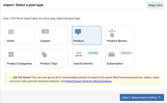 Select Post Type Go to WebToffee Import Export - Import and select Product.