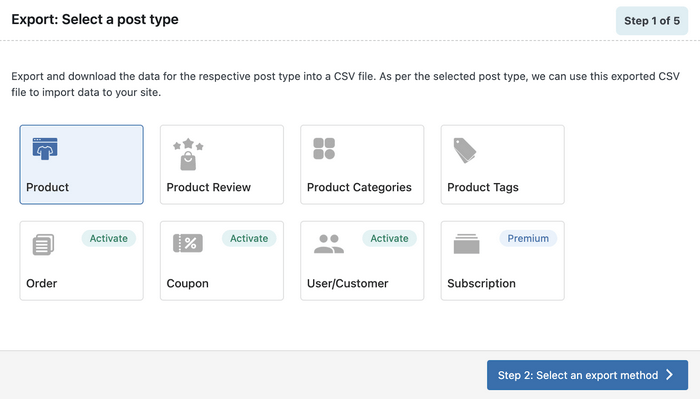 Select Product Go to WebToffee Import Export - Export in the WordPress dashboard and select Product.