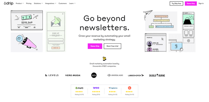 Drip focuses on e-commerce. You can handle abandoned cart emails, product suggestions, and follow-ups.