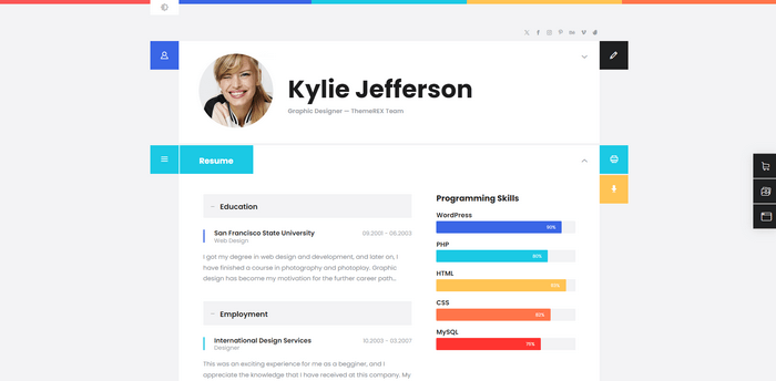 ShiftCV The WordPress theme is designed to create beautiful Resumes, Vcards, CVs, but you can also use it for blogs, and magazines.