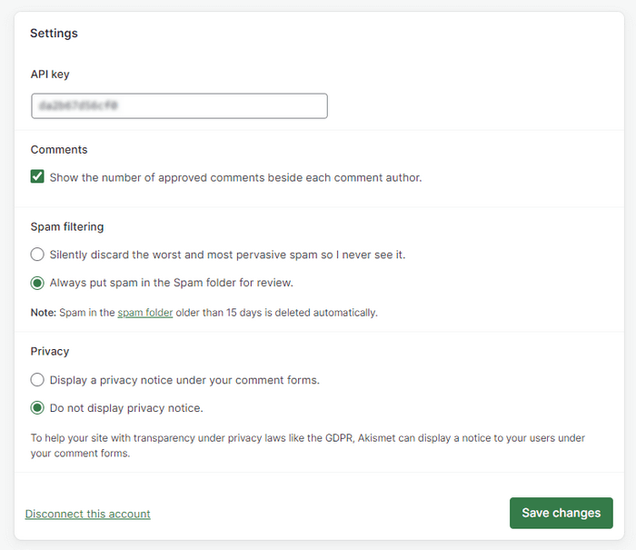 Configure your Akismet settings.