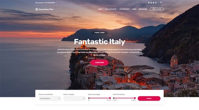 Cousteau Pro Cousteau Pro is a travel-oriented WordPress theme by CSSIgniter to promote all kinds of travel businesses.