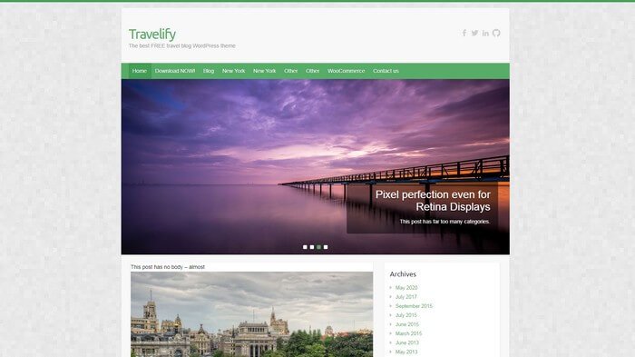 Travelify Travelify is a free WordPress theme for travel bloggers, agencies, and adventurers.