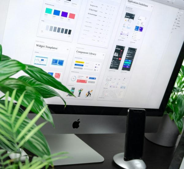 a computer monitor displaying a design system interface with plants on a desk web design team project planning client dashboard