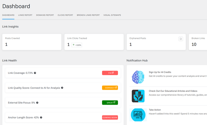 Linkwhisper Free Dashboard Link Whisper Free can help with Smart Suggestions, Orphan Page Awareness and it also Saves Time.