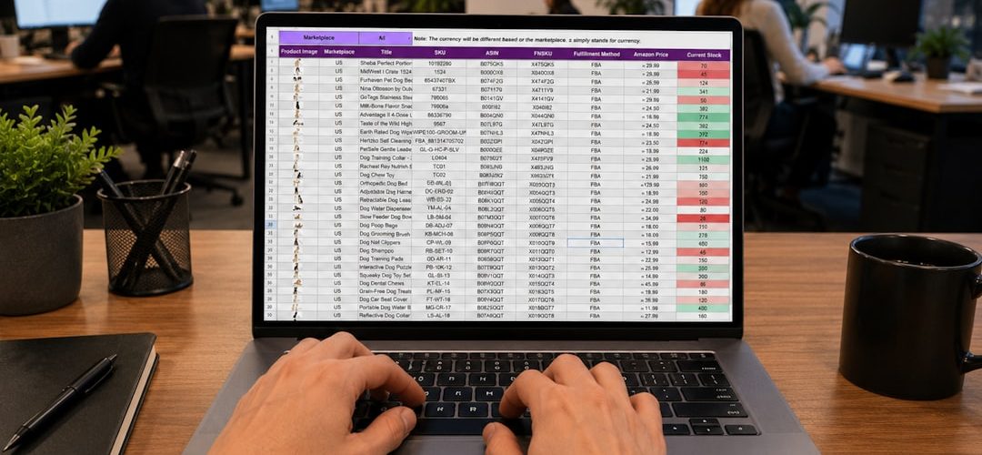 hands typing on a laptop displaying a data spreadsheet software comparison data quality sales workflow
