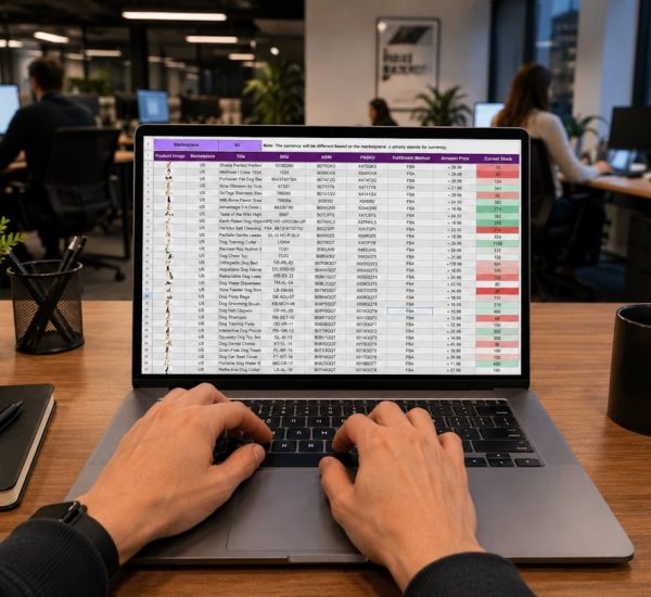 Magento Business Central Integration Guide: Microsoft Dynamics 365 Setup Explained 16 hands typing on a laptop displaying a data spreadsheet software comparison data quality sales workflow