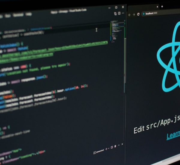 a computer screen with a logo on it web development comparison react angular vue logos frontend frameworks illustration