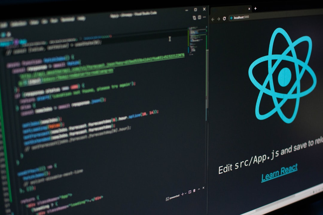 a computer screen with a logo on it web development comparison react angular vue logos frontend frameworks illustration