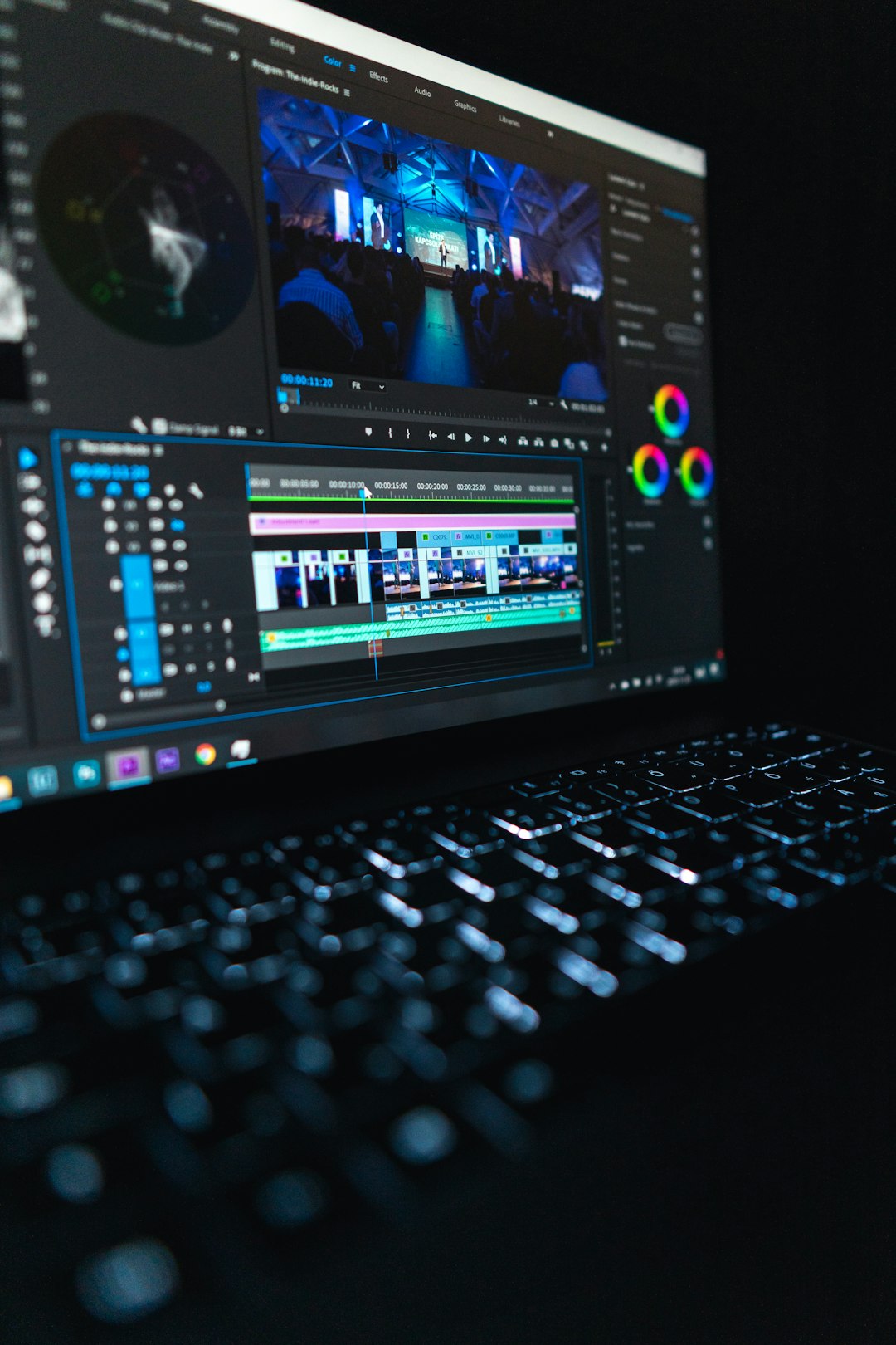 black laptop computer video editing timeline split clips fast workflow