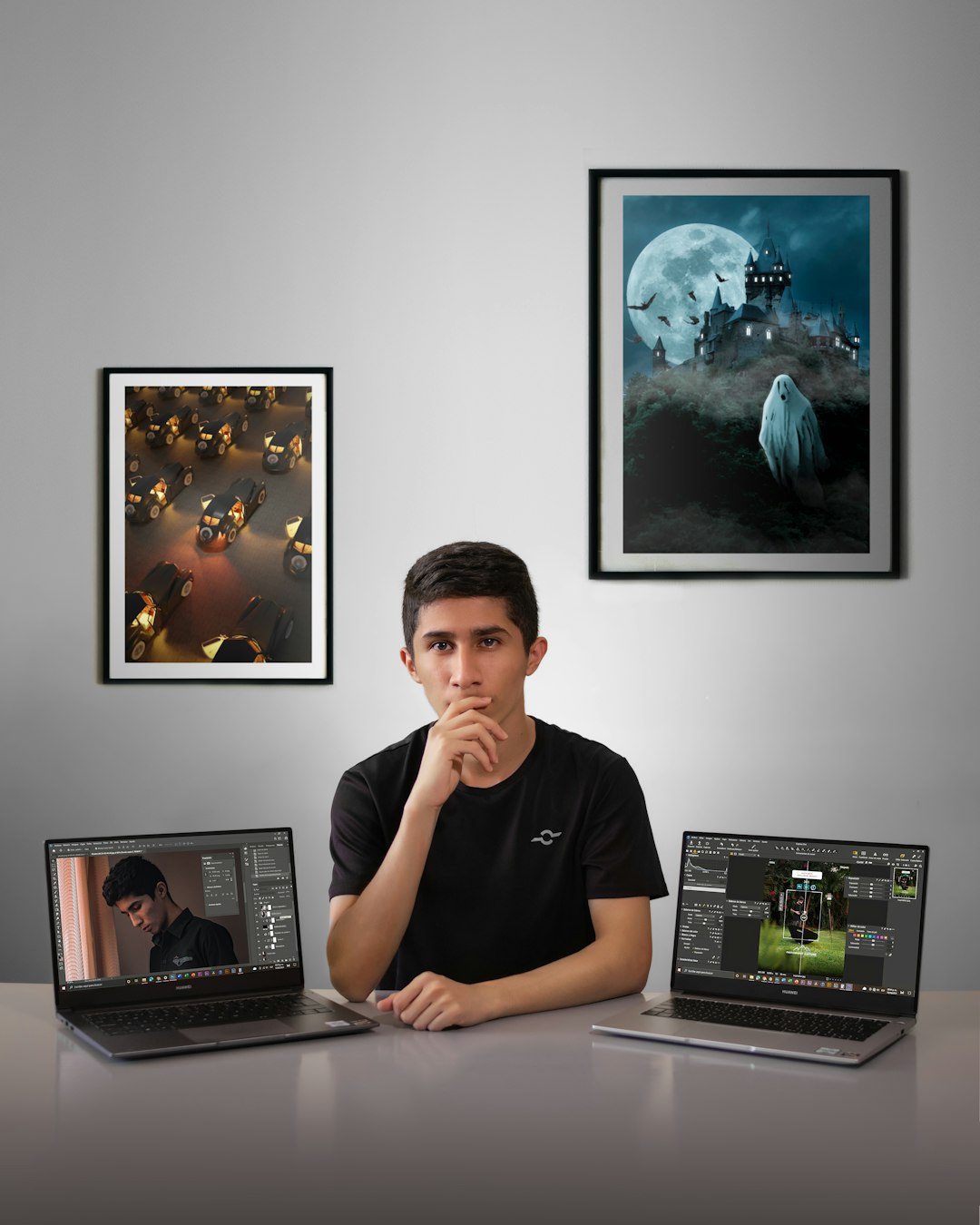man in black crew neck t shirt using laptop computer ai editing workspace background remover product portrait design tools
