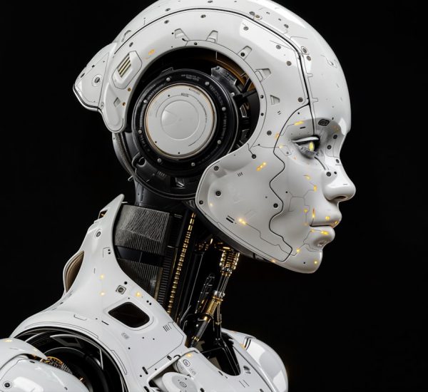 a white robot is standing in front of a black background artificial intelligence human conversation digital assistant