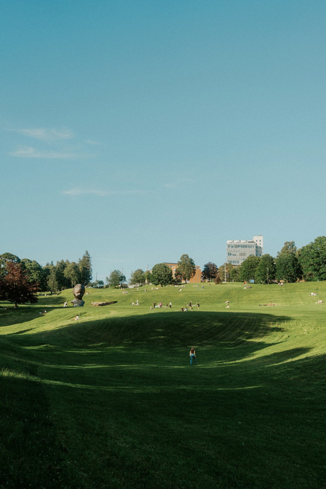 expansive green park with buildings under clear oslo sky disc golf putting player focus sunny park basket chains 1