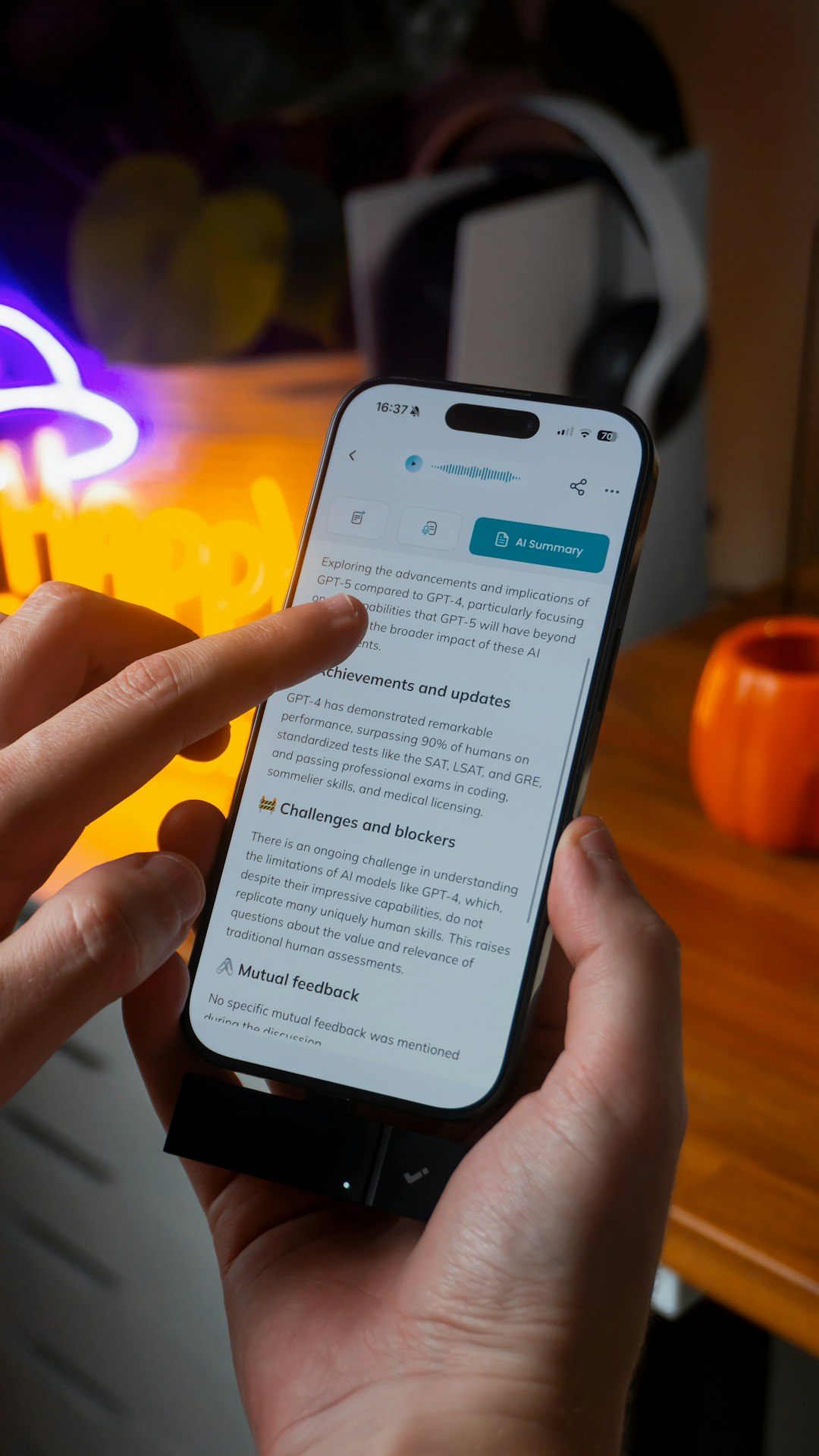 hands scrolling through article on smartphone screen of a smartphone person using ai clear prompts digital assistant