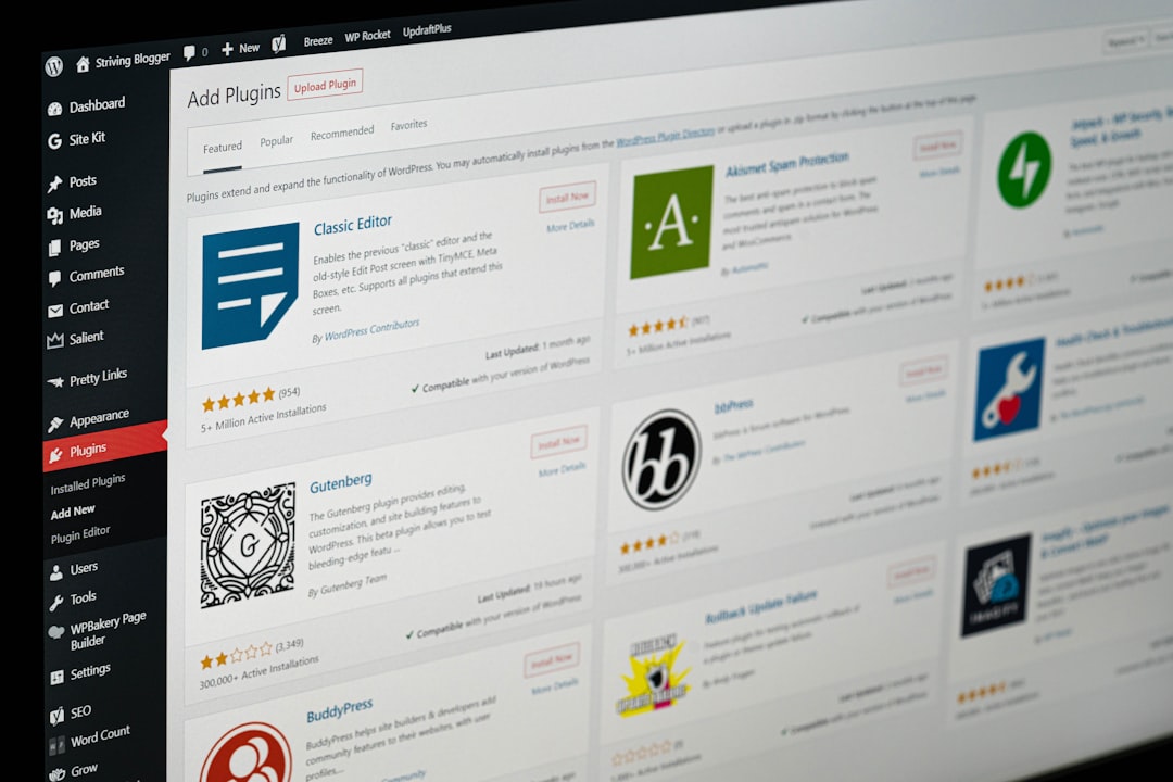a computer screen displaying the wordpress plugin installation page with various software options erp comparison ecommerce integration software selection