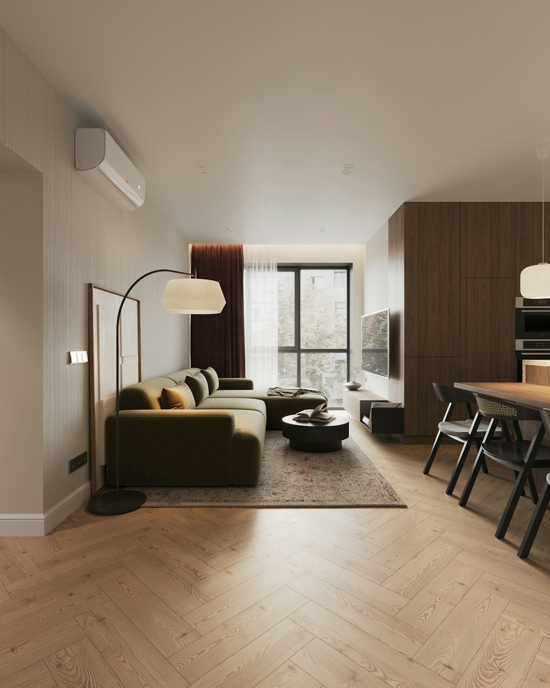 a living room with a couch a table and chairs interior floor visualization living room design wood flooring