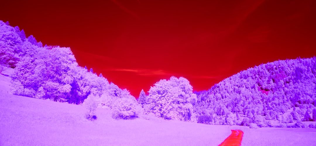 purple snowy landscape under a red sky with orange foreground infrared spectrum visible light camera sensor