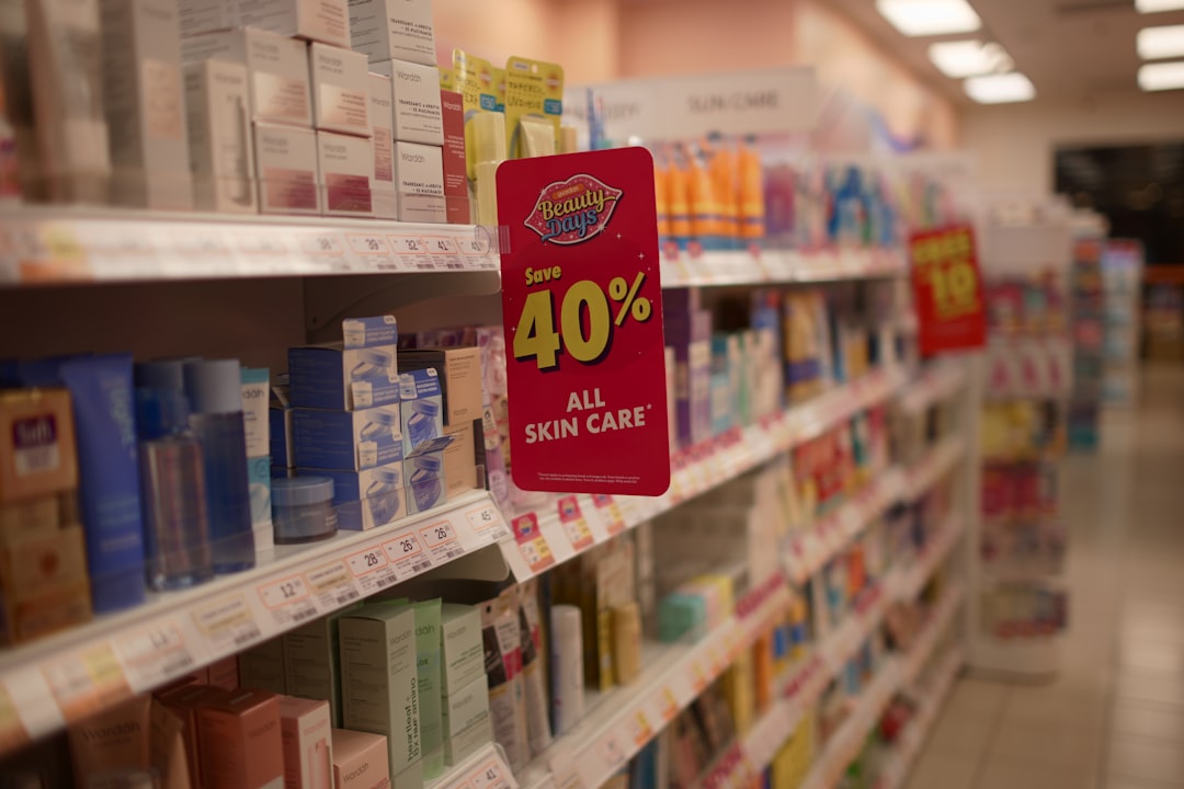 skincare products on shelves with a 40 off sale sign discount store bargain shopping retail shelves 1