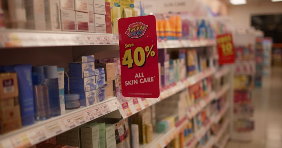 skincare products on shelves with a 40 off sale sign discount store bargain shopping retail shelves