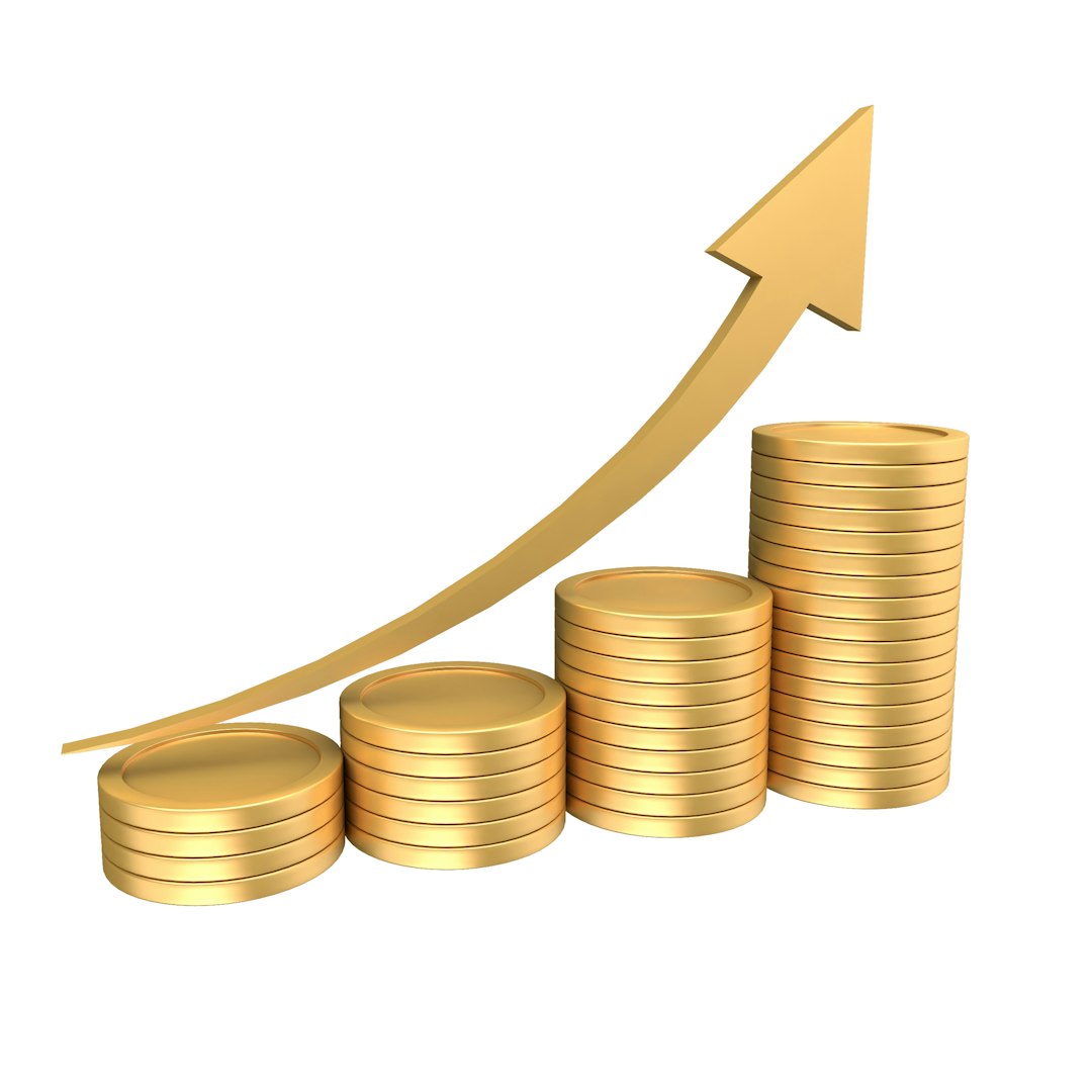 stacks of gold coins with an upward trending arrow customer success growth chart business results