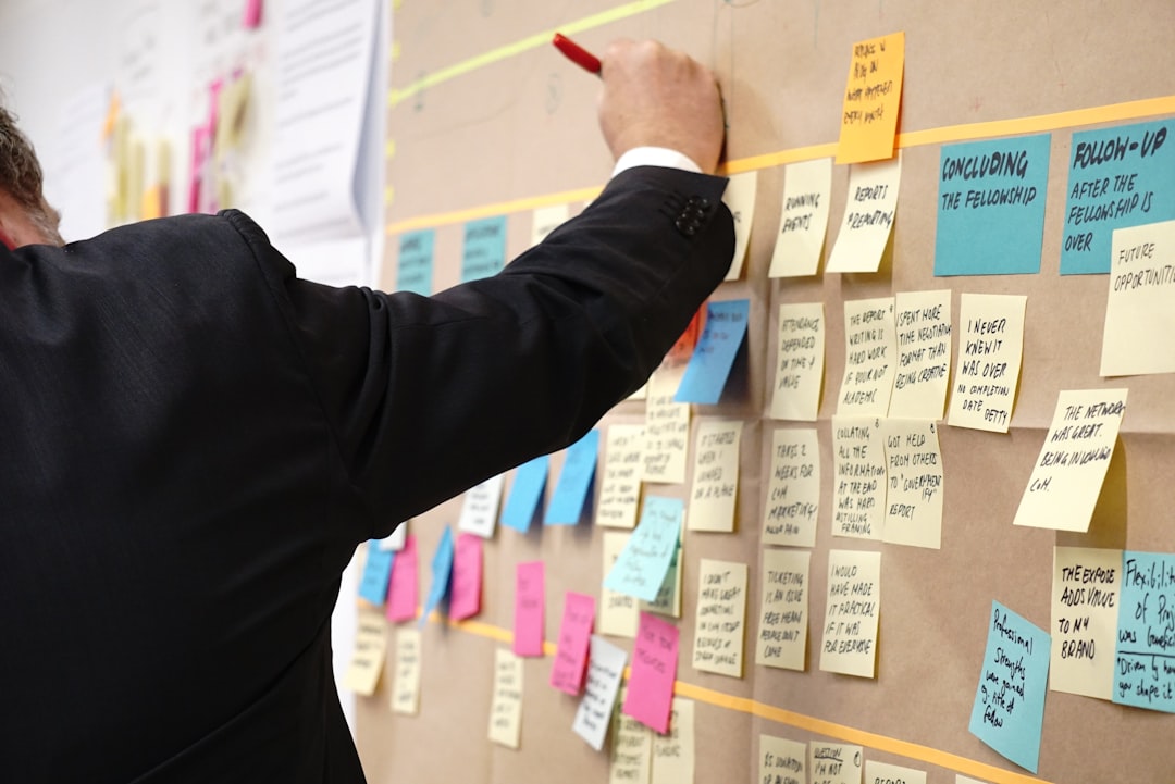 sticky notes on corkboard process diagram prompt stages productivity planning