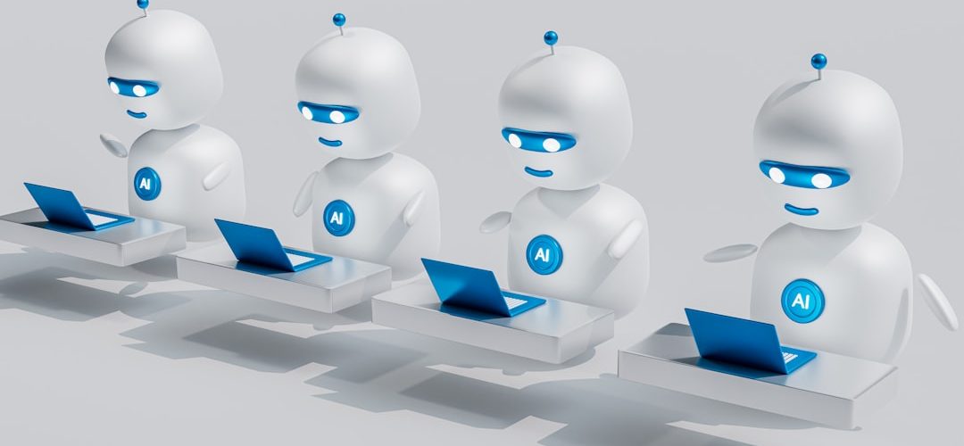 a group of white robots sitting on top of laptops human agent automated chat customer experience support team