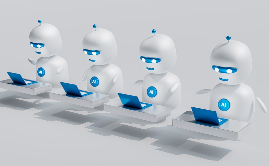 a group of white robots sitting on top of laptops human agent automated chat customer experience support team