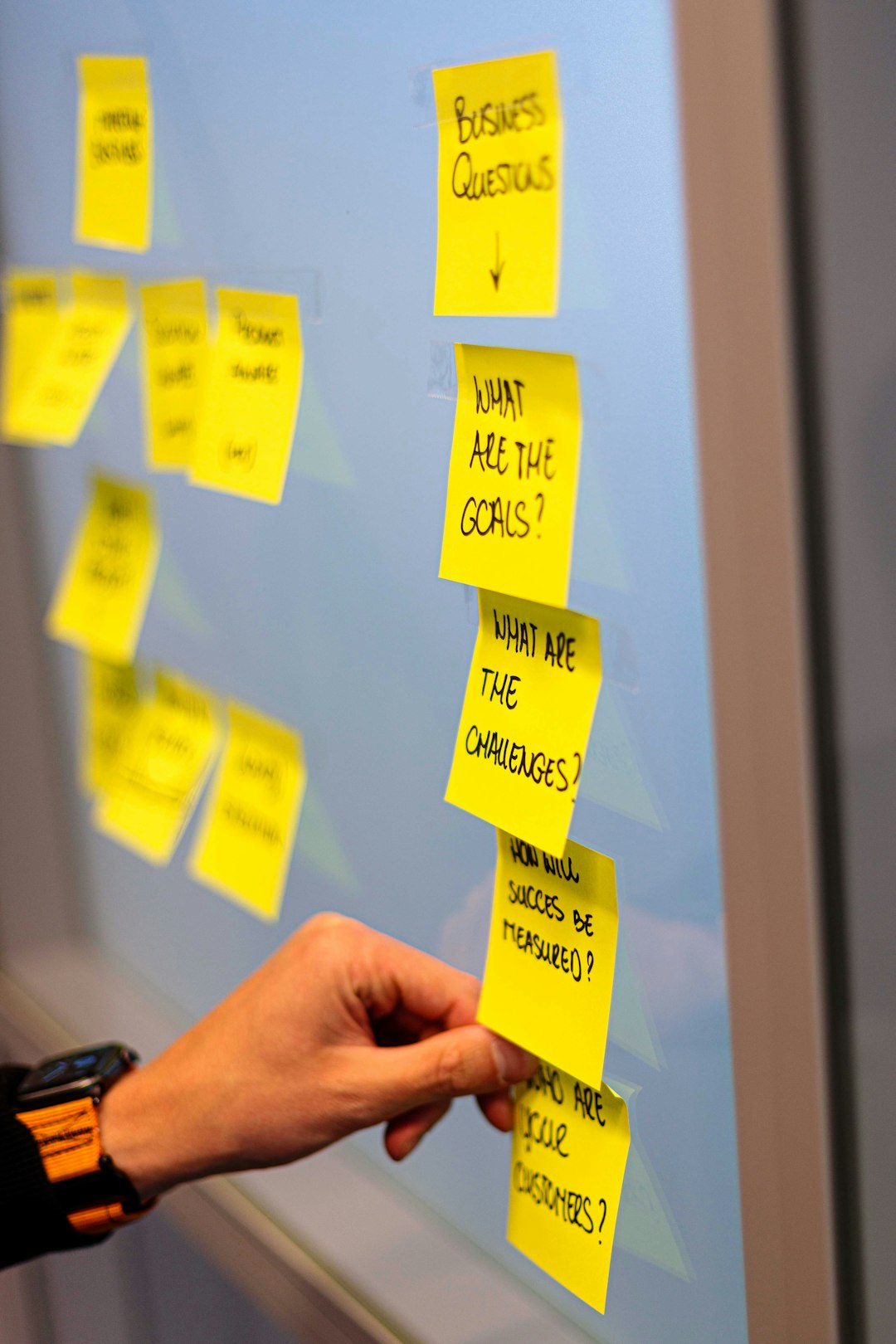 a hand holding a yellow sticky note action plan team alignment quarterly goals