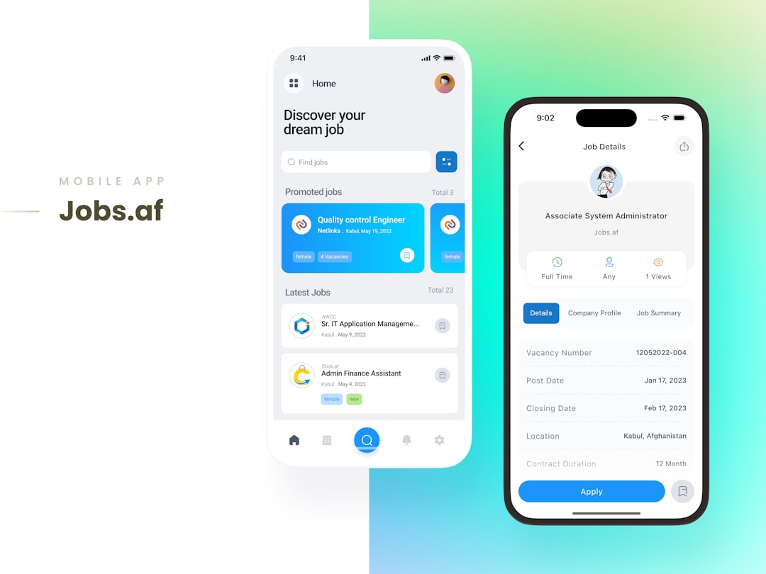 two mobile app screens showing job search interface job application resume upload hiring workflow