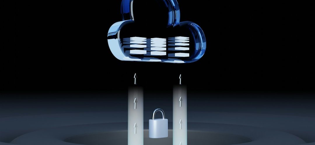 a blue glass cloud icon with data layers above a silver padlock cloud security users applications access