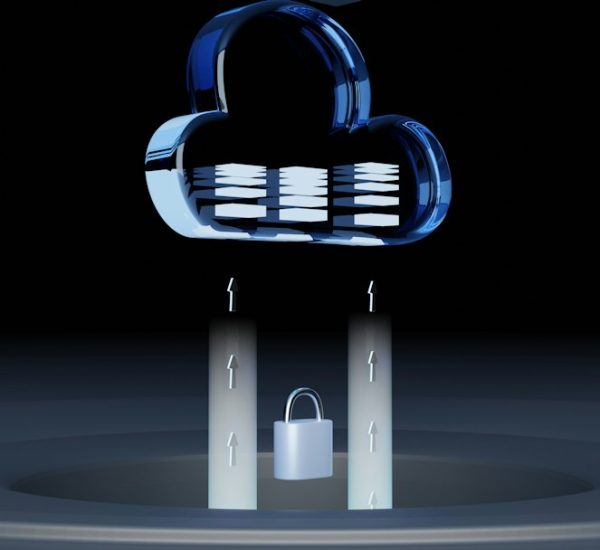 a blue glass cloud icon with data layers above a silver padlock cloud security users applications access