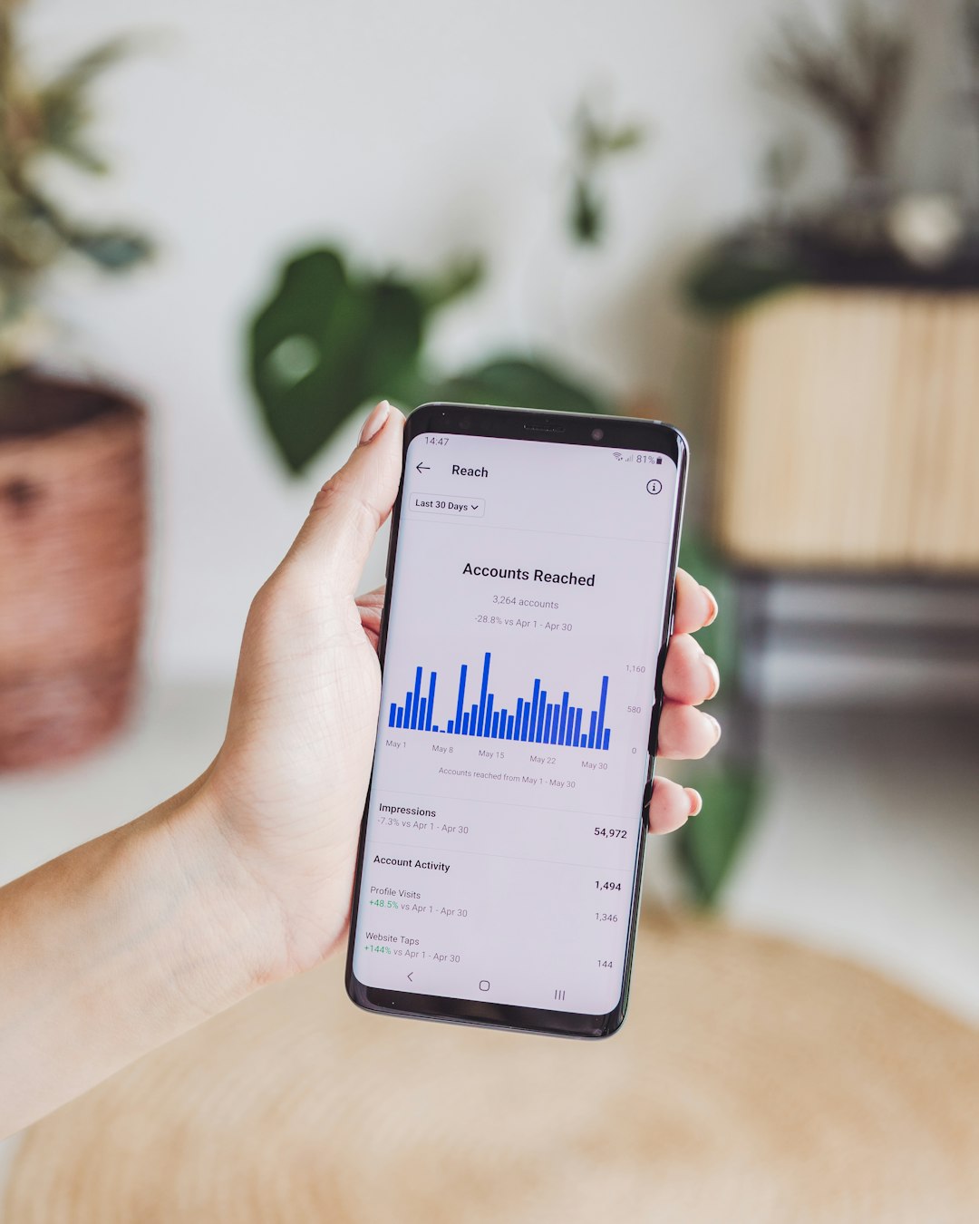 a person holding a cell phone in their hand instagram analytics follower growth chart social media metrics