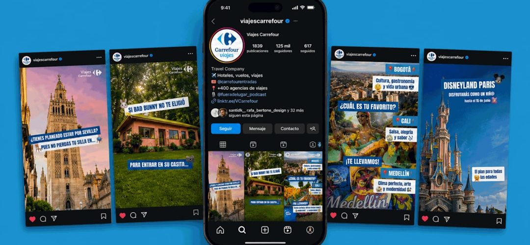 a smartphone displaying a social media profile page surrounded by several travel themed posts travel agency team social media ads campaign planning