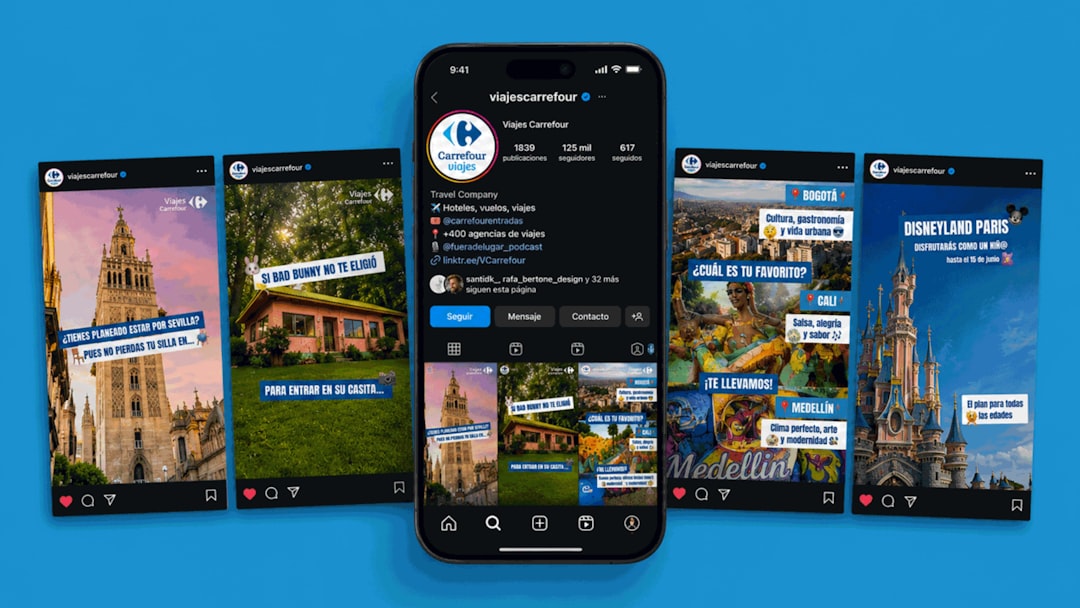 a smartphone displaying a social media profile page surrounded by several travel themed posts travel agency team social media ads campaign planning