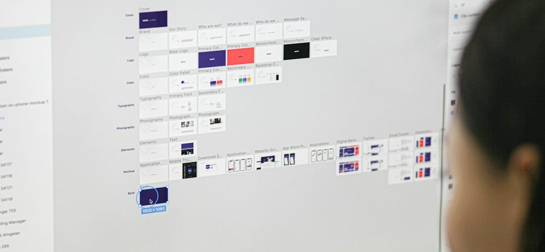 a woman is looking at a computer screen figma design board mobile prototype ui components