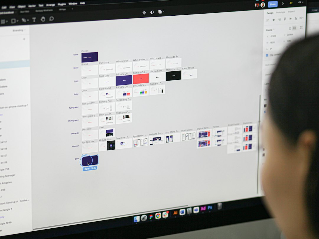 a woman is looking at a computer screen figma design board mobile prototype ui components