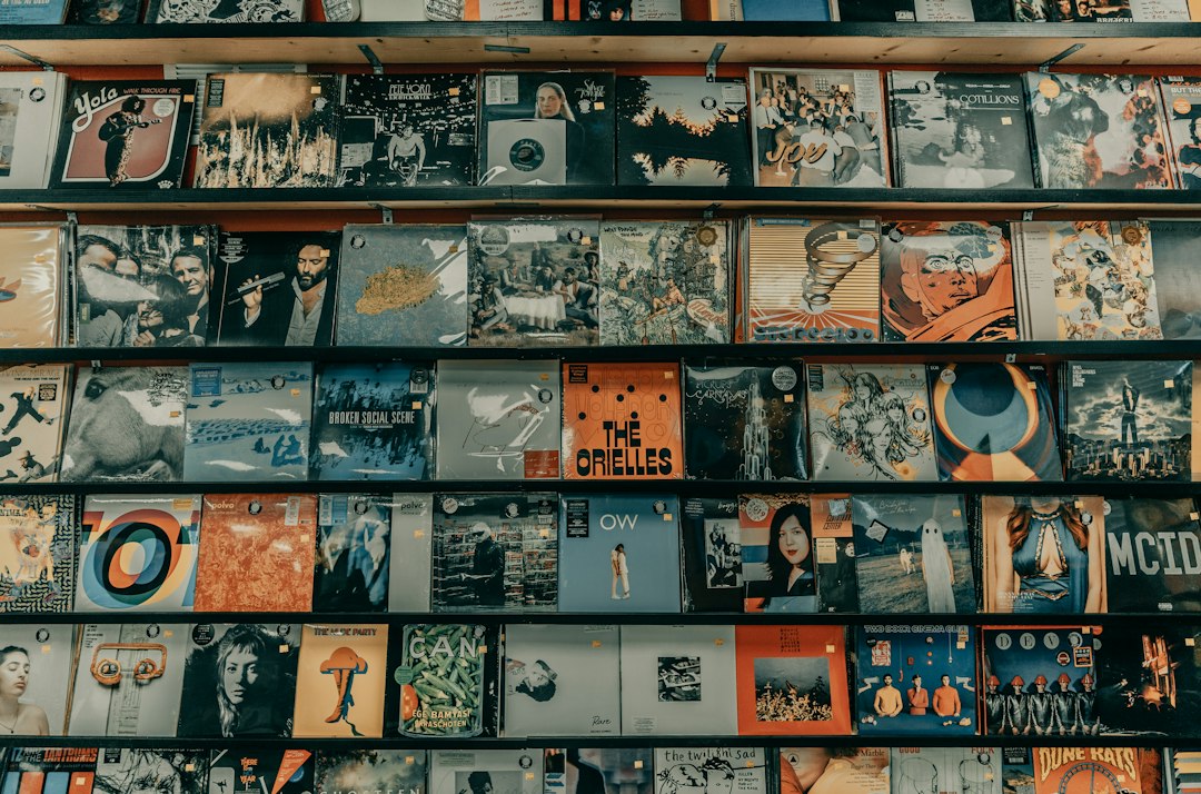 rows of vinyl record albums displayed on wooden shelves in a music store music dashboard listening history album charts