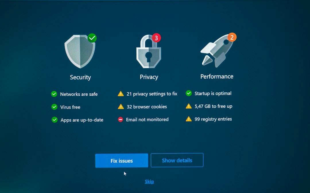 security privacy and performance status with fix options security dashboard data protection alerts