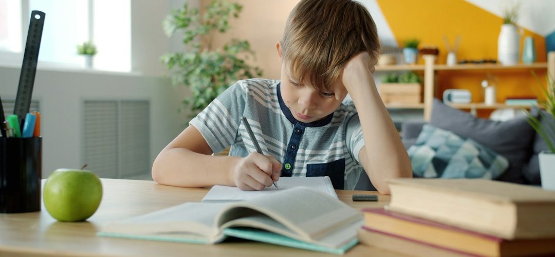 young boy concentrating while doing homework at desk ipad notes apple pencil student desk study apps